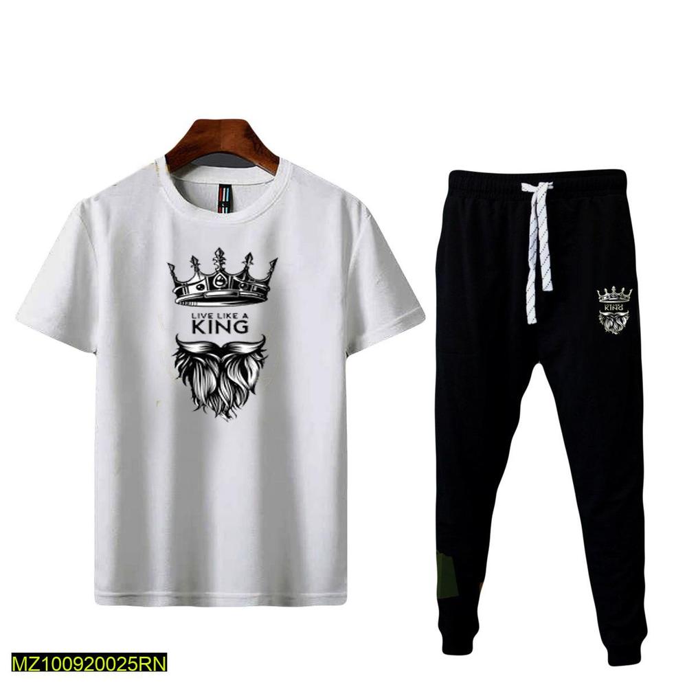 Men Cotton Printed Track Suit White Black Crown Beard Live Like King