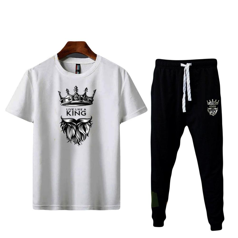 Men Cotton Printed Track Suit White Black Crown Beard Live Like King