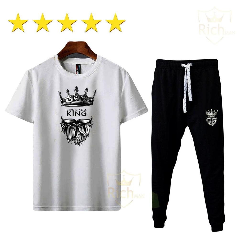 Men Cotton Printed Track Suit White Black Crown Beard Live Like King
