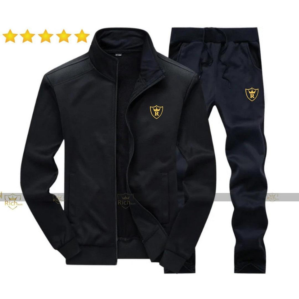 Men Fleece Track Suit Black 2 Pcs Collar Winter