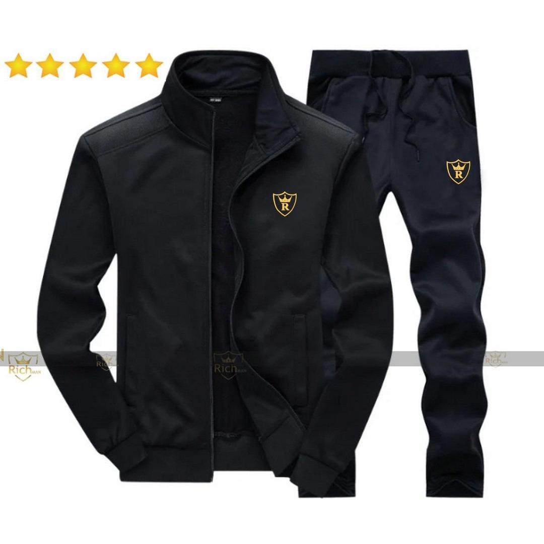 Men Fleece Track Suit Black 2 Pcs Collar Winter