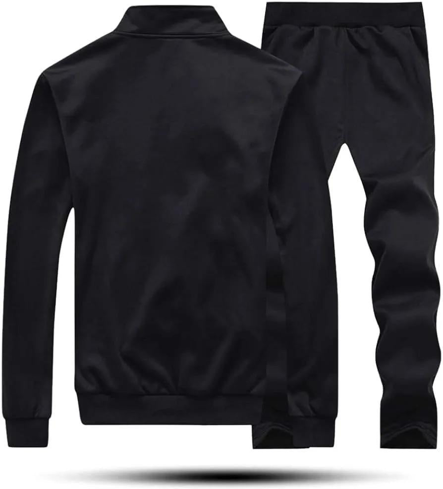 Men Fleece Track Suit Black 2 Pcs Collar Winter