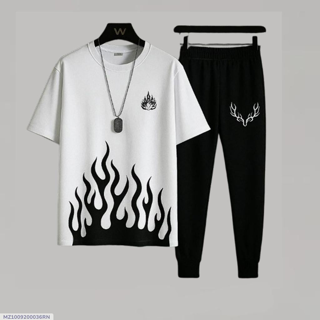 Men Micro Track Suit White Black Flame Deer Eid 2Pcs
