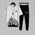 Men Micro Track Suit White Black Flame Deer Eid 2Pcs