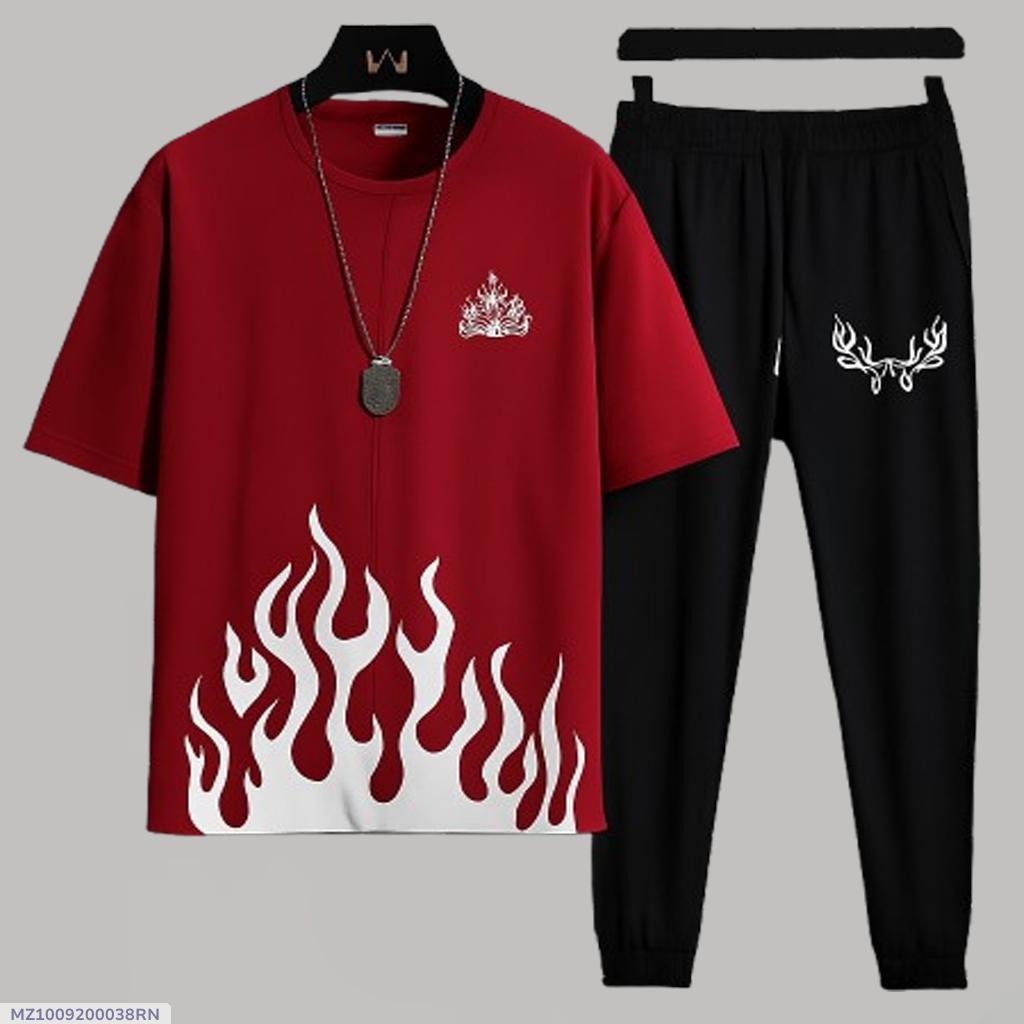 Men Maroon Flame Track Suit Black Deer Antler Eid Set