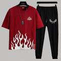 Men Maroon Flame Track Suit Black Deer Antler Eid Set