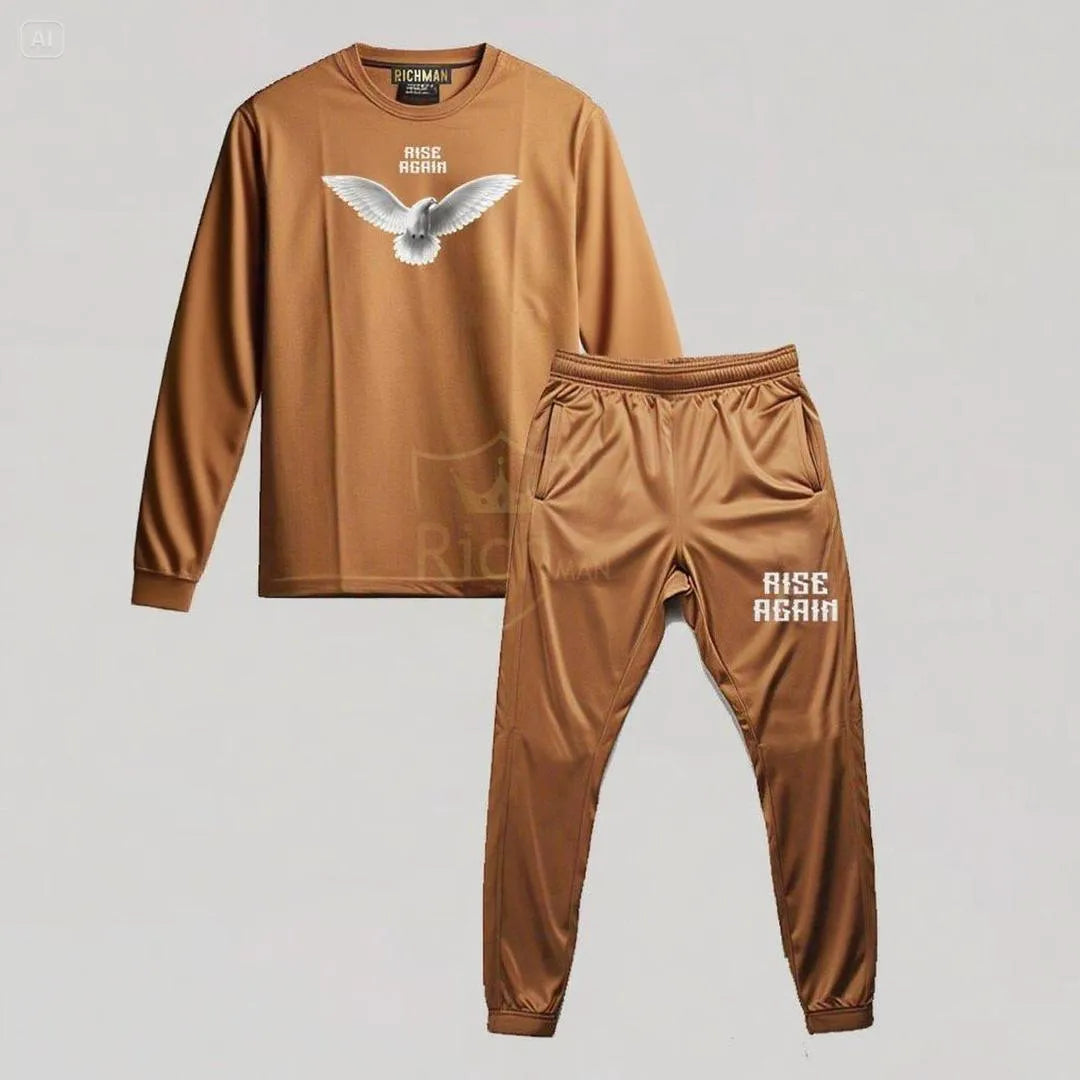 Men Brown Dove Printed Track Suit 2Pcs Micro Fabric
