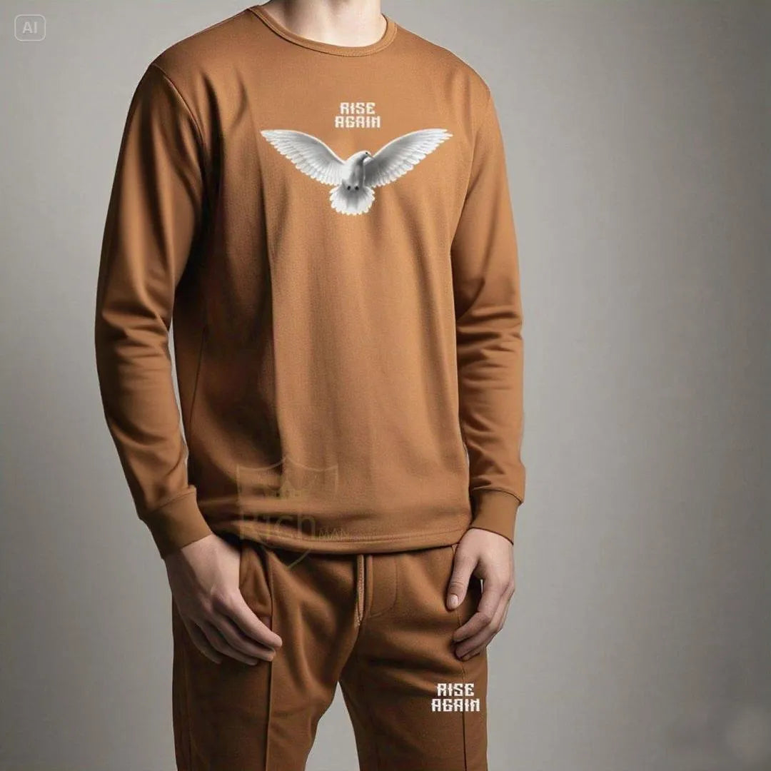 Men Brown Dove Printed Track Suit 2Pcs Micro Fabric