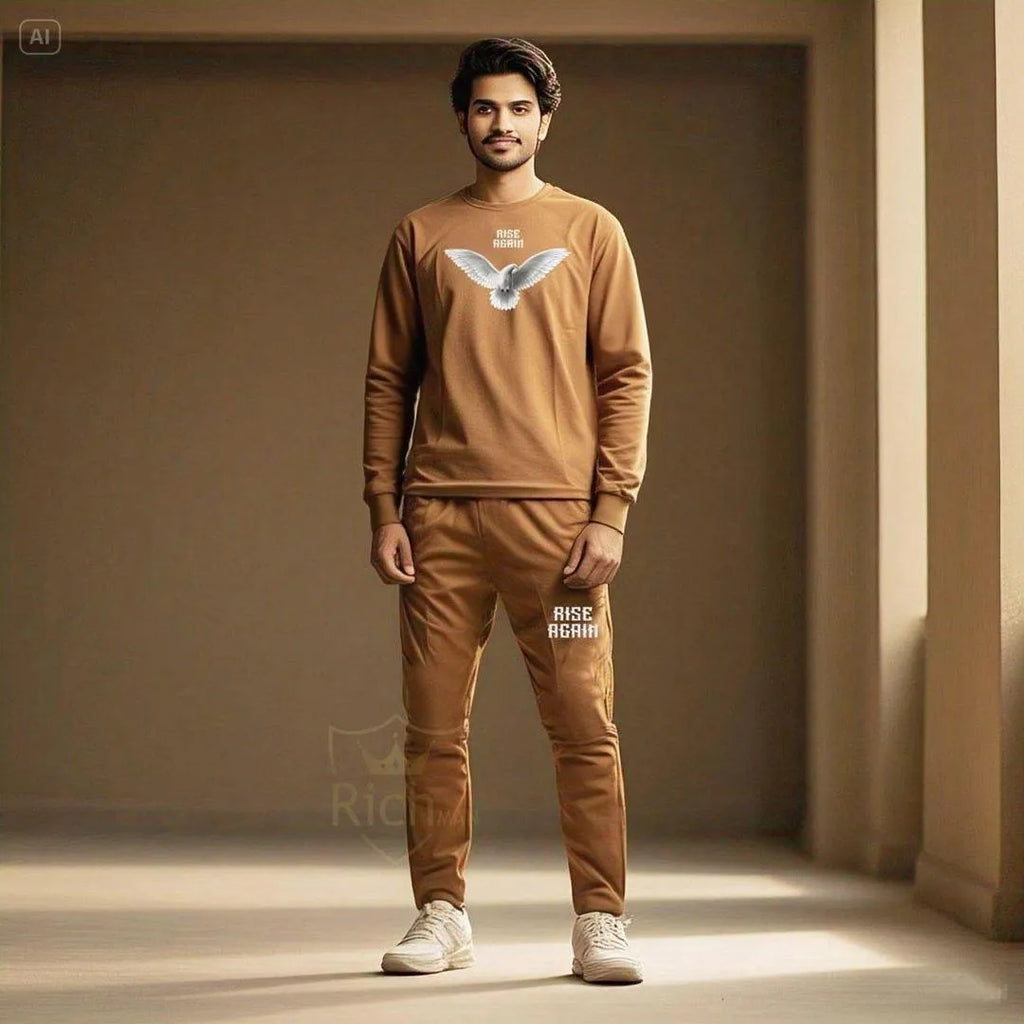 Men Brown Dove Printed Track Suit 2Pcs Micro Fabric