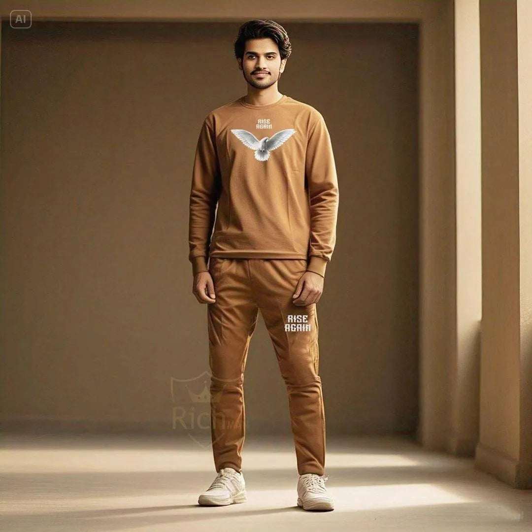 Men Brown Dove Printed Track Suit 2Pcs Micro Fabric