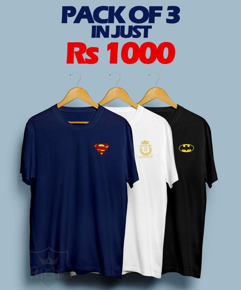 Premium Cotton Jersey T-Shirts Pack of 3 Navy White Black