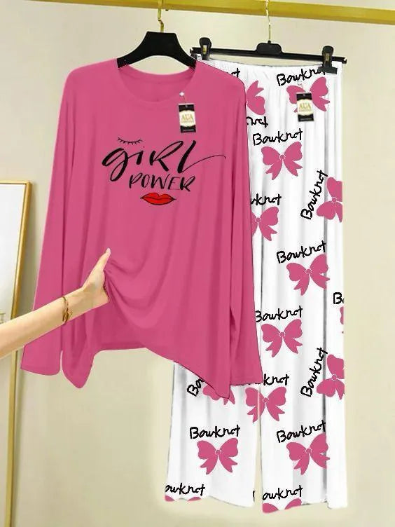 Girl Power Printed Night Suit Pink White Jersey 2 Pcs