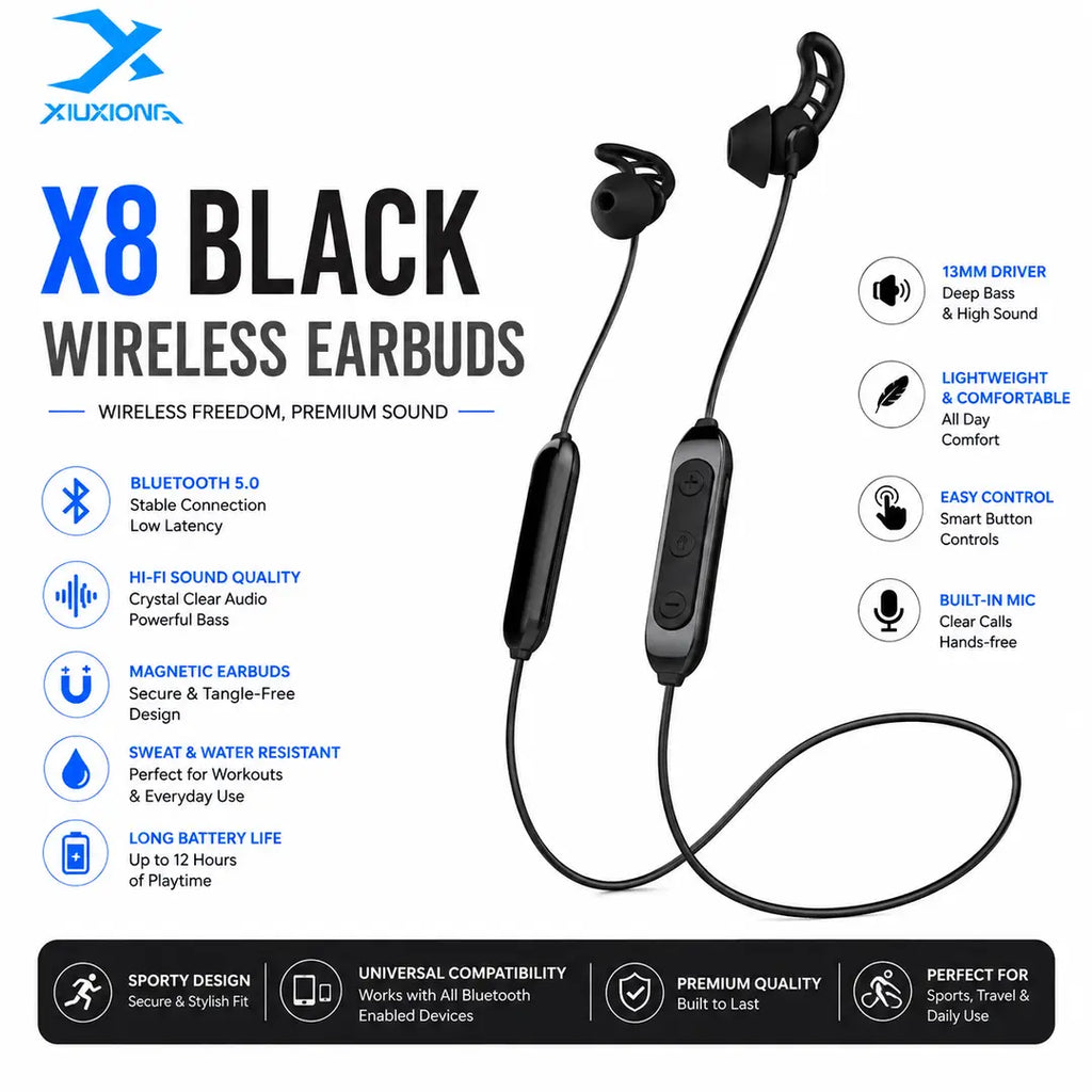 Xiberia X8 Wireless Sleeping Bluetooth Earphone - Black / Soft Silicon material / 10m Stable Connection / 1.5H Charging Time / Soft in Ear and Comfortable / Waterproof And Sweat-proof / Built-in High-sensitivity Microphone / Clear line control function