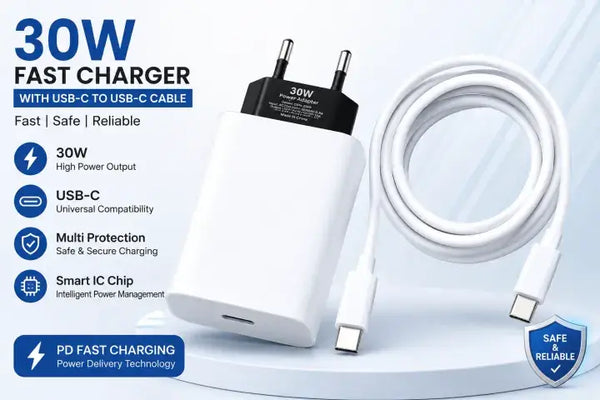 30W PD Fast Charger with USB C to USB C Cable | PD Fast Charging Adapter | Type C