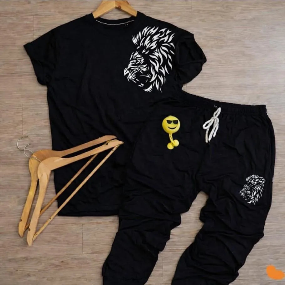 Men Black Lion Print Dri Fit Track Suit 2Pcs