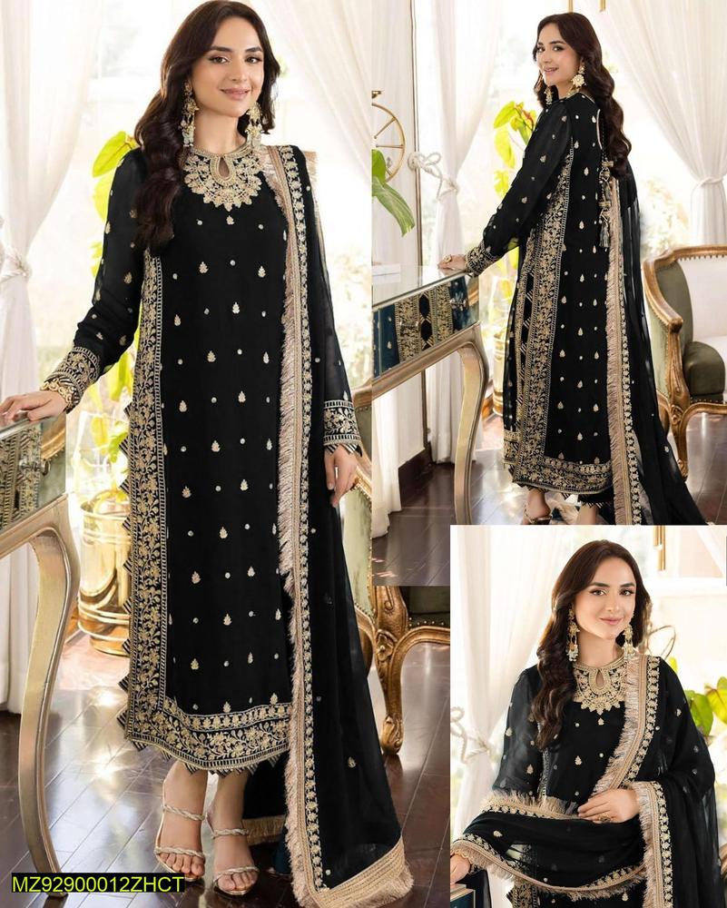Black Embroidered 3Pcs Crinkle Chiffon Suit Medium to Large