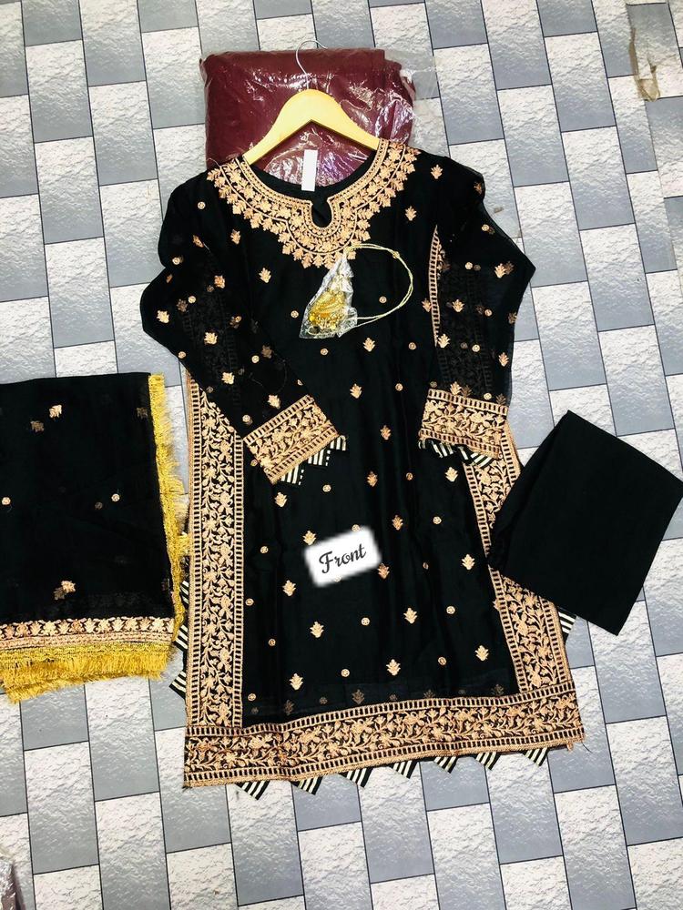 Black Embroidered 3Pcs Crinkle Chiffon Suit Medium to Large