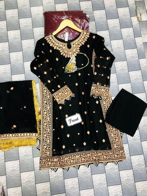 Black Embroidered 3Pcs Crinkle Chiffon Suit Medium to Large