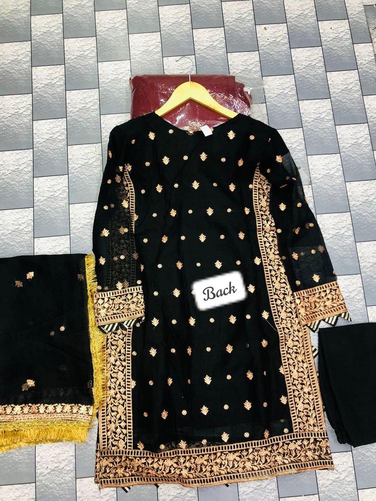 Black Embroidered 3Pcs Crinkle Chiffon Suit Medium to Large